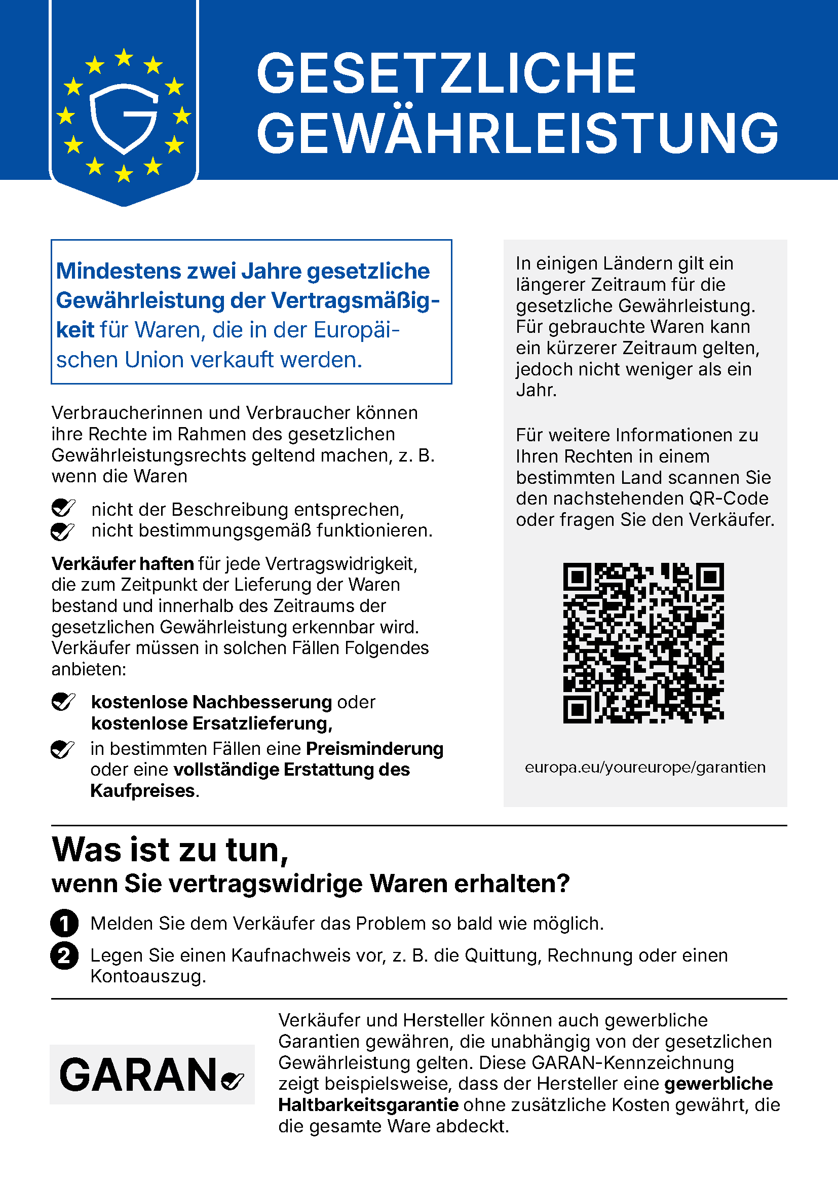 Offizielles EU-Gewährleistungslabel - Mindestens 2 Jahre gesetzliche Gewährleistung